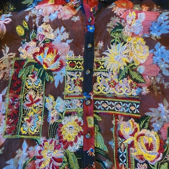 Aratta Silent Journey Women's M Floral Multi Color Trim Velvet Bohemian Top